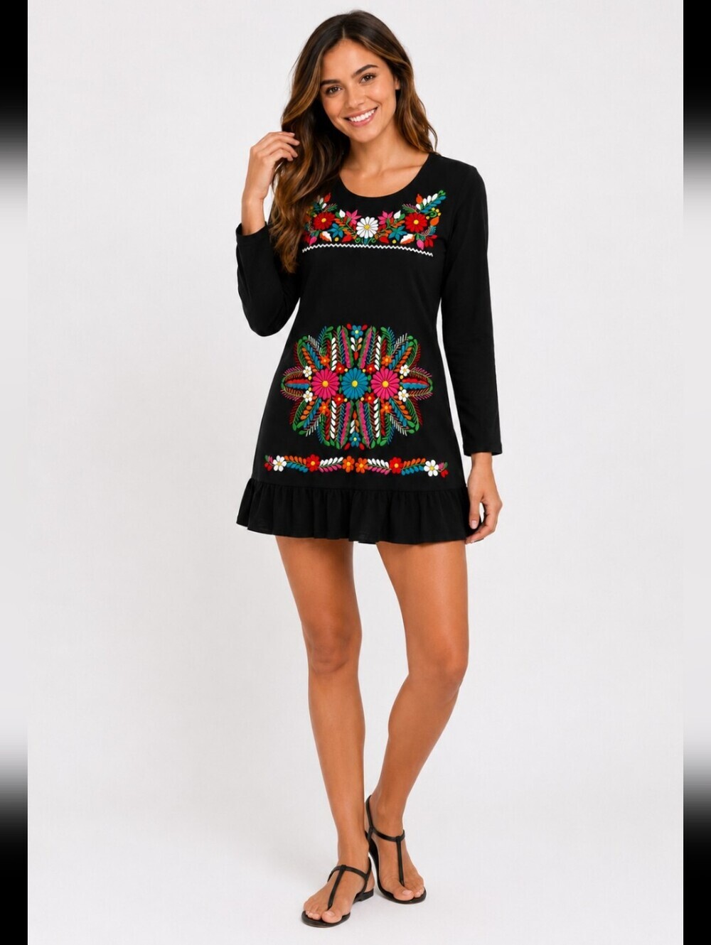 Embroidered Floral Black Ruffle-Hem Women's Dress/Tunic Medium EUC